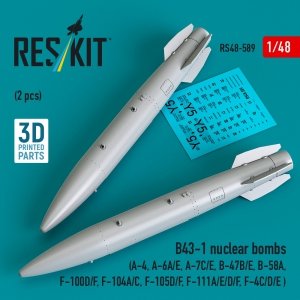 RESKIT RS48-0589 B43-1 nuclear bombs (2 pcs) (A-4, A-6A/E, A-7C/E, B-47B/E, B-58A, F-100D/F, F-104A/C, F-105D/F, F-111A/D/E/F, F-4C/D/E ) (3D Printed) (1/48)