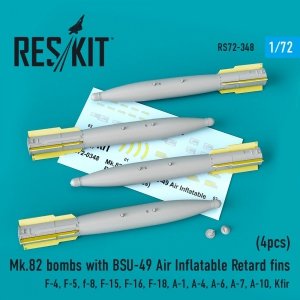 RESKIT RS72-0348 MK.82 BOMBS WITH BSU-49 AIR INFLATABLE RETARD FINS (4PCS) 1/72