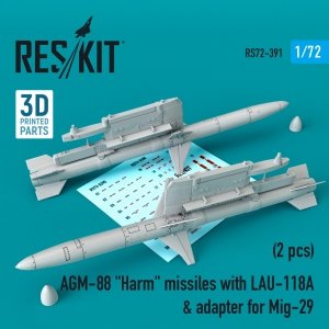 RESKIT RS72-0391 AGM-88 HARM MISSILES WITH LAU-118 & ADAPTER FOR MIG-29 (2 PCS) 1/72