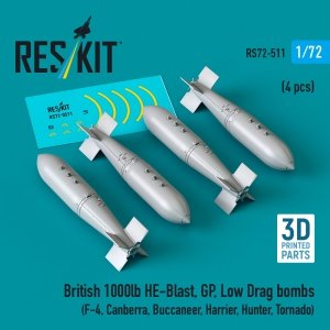 RESKIT RS72-0511 British 1000lb HE-Blast, GP, Low Drag bombs (4 pcs) (F-4, Canberra, Buccaneer, Harrier, Hunter, Tornado) (3D printed) (1/72)