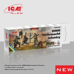 ICM 3022 Acrylic Paint Set for WWII Wehrmacht Infantry 5x12ml + Maat Varnish