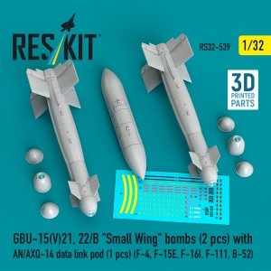 RESKIT RS32-0539 GBU-15(V)21, 22/B Small Wing bombs (2 pcs) with AN/AXQ-14 data link pod (1 pcs) (3D Printed) 1/32