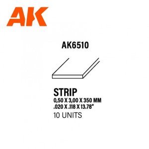 AK Interactive AK6510 STRIPS 0.50 X 3.00 X 350MM – STYRENE STRIP – (10 UNITS)