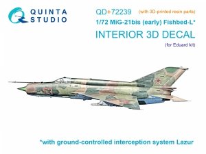 Quinta Studio QD+72239 MiG-21bis early 3D-Printed & coloured Interior on decal paper ( Eduard )( with 3D-printed resin parts ) 1/72