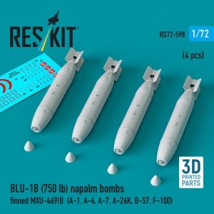 RESKIT RS72-0598 BLU-1B (750lb) napalm bombs finned MXU-469/B (4 pcs) (A-1, A-4, A-7, A-26K, B-57, F-100) (3D Printed) (1/72)