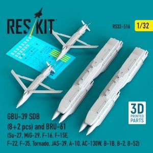 RESKIT RS32-0516 GBU-39 SDB (8 pcs) and BRU-61 (2 pcs) (Su-27, MiG-29, F-16, F-15E, F-22, F-35, Tornado, JAS-39, A-10, AC-130W, B-1B, B-2, B-52) (3D Printed) (1/32)