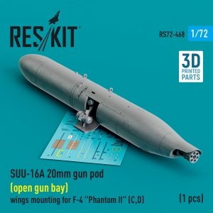 RESKIT RS72-0468 SUU-16A 20mm gun pod (open gun bay) wings mounting for F-4 Phantom II (C,D) (1 pcs) (3D Printed) 1/72