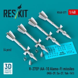 RESKIT RS48-0577 R-27EP (AA-10 Alamo-F) missiles (4 pcs) (MiG-29, Su-27, Yak-141) (3D Printed) (1/48)