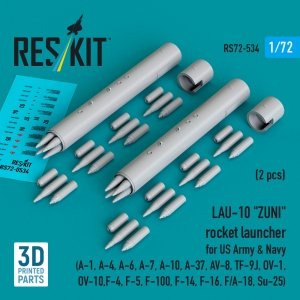 RESKIT RS72-0534 LAU-10 ZUNI rocket launcher for US Army & Navy (2 pcs) (A-1, A-4, A-6, A-7, A-10, A-37, AV-8, TF-9J, OV-1, OV-10, F-4, F-5, F-100, F-14, F-16, F/A-18, Su-25) (3D Printed) (1/72)
