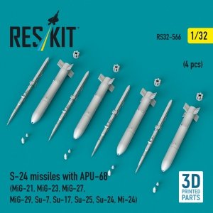 RESKIT RS32-0566 S-24 missiles with APU-68 (4 pcs) (MiG-21, MiG-23, MiG-27, MiG-29, Su-7, Su-17, Su-25, Su-24, Mi-24) (3D Printed) (1/32)