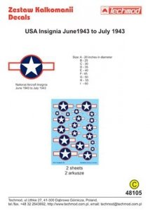 Techmod 48105 - US National Insignia June 1943 to July 1943 (1:48)