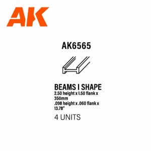 AK Interactive AK6565 BEAMS I SHAPE 2.50 x 1.50 x 350mm – STYRENE – (4 units)