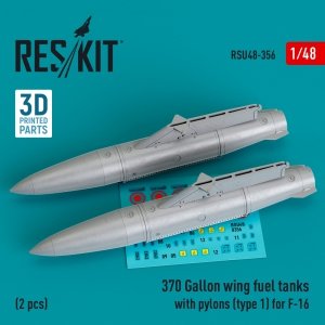 RESKIT RSU48-0356 370 Gallon wing fuel tanks with pylons (type 1) for F-16 (2 pcs) (3D Printed) 1/48