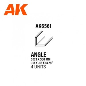 AK Interactive AK6561 ANGLE 3.0 X 3.0 X 350MM – STYRENE ANGLE – (4 UNITS)