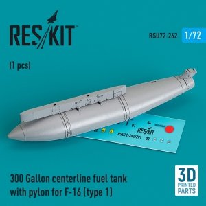 RESKIT RSU72-0262 300 Gallon centerline fuel tank with pylon for F-16 (type 1) (1 pcs) (3D Printed) 1/72