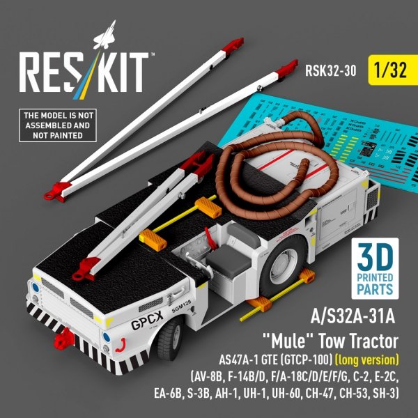 RESKIT RSK32-0030 A/S32A-31A "Mule" Tow Tractor AS47A-1 GTE (GTCP-100) (long version) (AV-8B, F-14B/D, F/A-18C/D/E/F/G, C-2, E-2С, EA-6B, S-3B, AH-1, UH-1, UH-60, CH-47, CH-53, SH-3) (3D Printed model kit) (1/32)