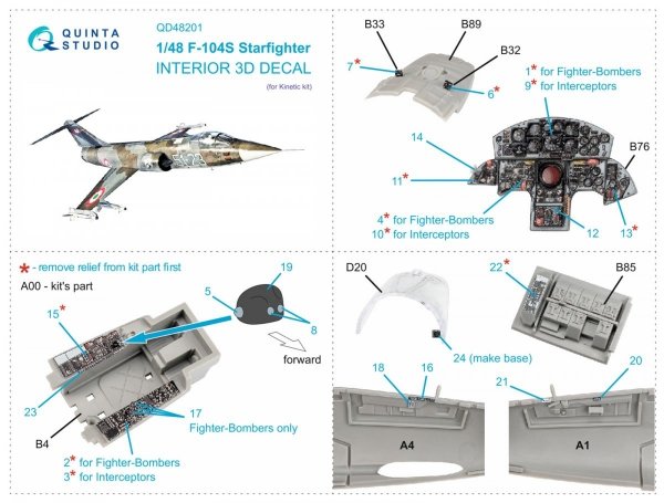 Quinta Studio QD48201 F-104S 3D-Printed &amp; coloured Interior on decal paper (Kinetic) 1/48