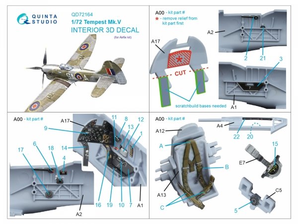 Quinta Studio QD72164 Tempest Mk.V 3D-Printed coloured Interior on decal paper (Airfix) 1/72