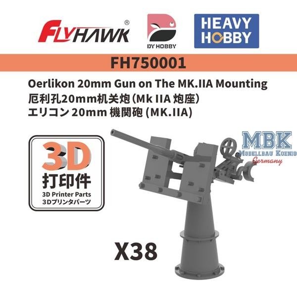FlyHawk Model FH750001 Oerlikon 20mm Gun on MK.IIA Mounting (3D Print) 1/700