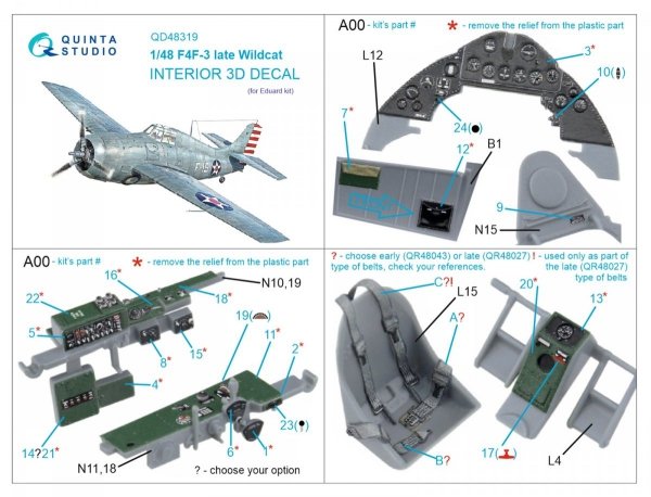 Quinta Studio QD48319 F4F-3 late 3D-Printed &amp; coloured Interior on decal paper (Eduard) 1/48
