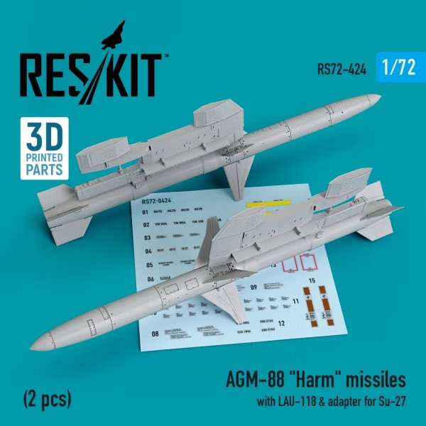 RESKIT RS72-0424 AGM-88 &quot;HARM&quot; MISSILES WITH LAU-118 &amp; ADAPTER FOR SU-27 (2 PCS) 1/72