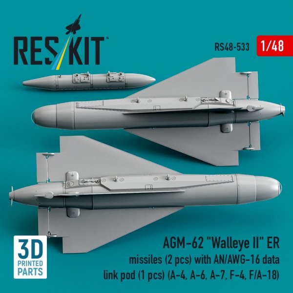 RESKIT RS48-0533 AGM-62 "Walleye II" ER missiles (2 pcs) with AN/AWG-16 data link pod (1 pcs) (A-4, A-6, A-7, F-4, F/A-18) (3D Printed) (1/48)