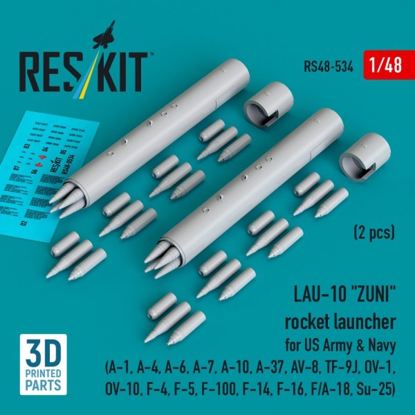 RESKIT RS48-0534 LAU-10 "ZUNI" rocket launcher for US Army &amp; Navy (2 pcs) (A-1, A-4, A-6, A-7, A-10, A-37, AV-8, TF-9J, OV-1, OV-10, F-4, F-5, F-100, F-14, F-16, F/A-18, Su-25) (3D Printed) (1/48)