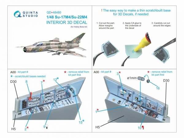 Quinta Studio QD+48480 Su-17M4/Su-22M4 3D-Printed &amp; coloured Interior on decal paper (Hobby Boss) (with 3D-printed resin parts) 1/48