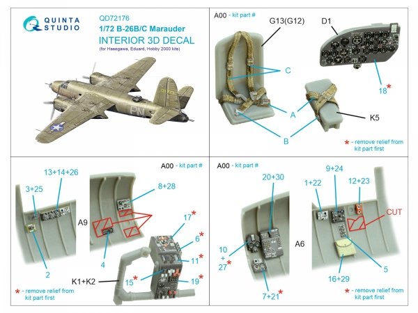 Quinta Studio QD72176 B-26B Marauder 3D-Printed &amp; coloured Interior on decal paper (Hasegawa/ Eduard/ Hobby2000) 1/72