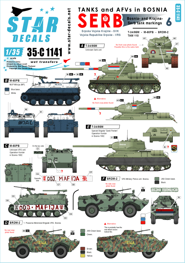 Star Decals 35-C1141 Serbian (SVK and VRS) T-34/85M, M60 PB, BRDM-2 and TAM 110 truck 1/35