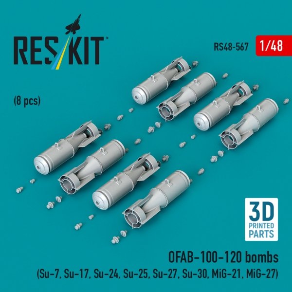 RESKIT RS48-0567 OFAB-100-120 bombs (8 pcs) (Su-7, Su-17, Su-24, Su-25, Su-27, Su-30, MiG-21, MiG-27) (3D Printed) (1/48)