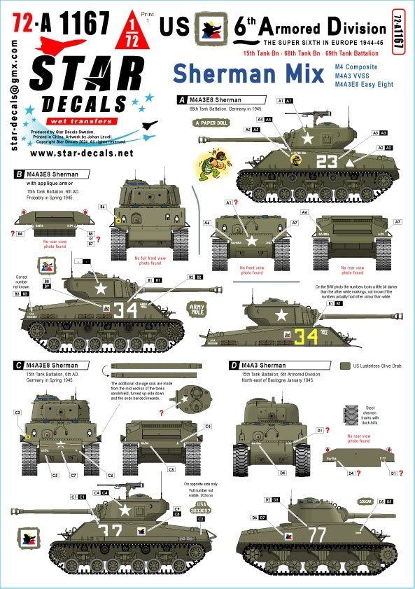 Star Decals 72-A1167 US 6th Armored Division 1. The Super-Sixth in Europe 1944-45. Sherman Mix 1/72