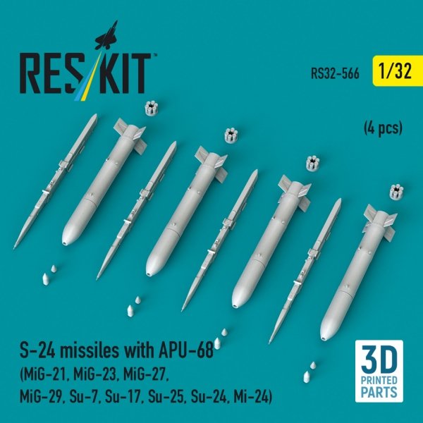 RESKIT RS32-0566 S-24 missiles with APU-68 (4 pcs) (MiG-21, MiG-23, MiG-27, MiG-29, Su-7, Su-17, Su-25, Su-24, Mi-24) (3D Printed) (1/32)