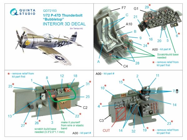 Quinta Studio QD72153 P-47D Thunderbolt Bubbletop 3D-Printed coloured Interior on decal paper (Tamiya) 1/72