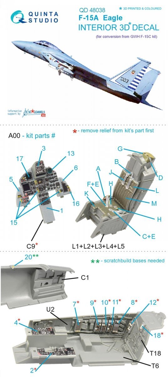 Quinta Studio QD48038 F-15A 3D-Printed &amp; coloured Interior on decal paper (for GWH kit) 1/48