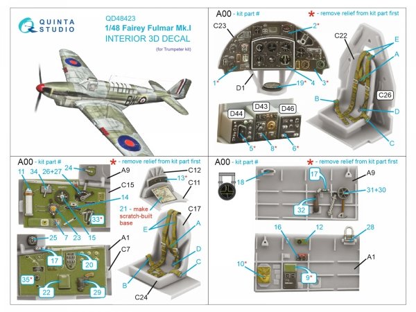 Quinta Studio QD48423 Fairey Fulmar Mk.I 3D-Printed &amp; coloured Interior on decal paper (Trumpeter) 1/48