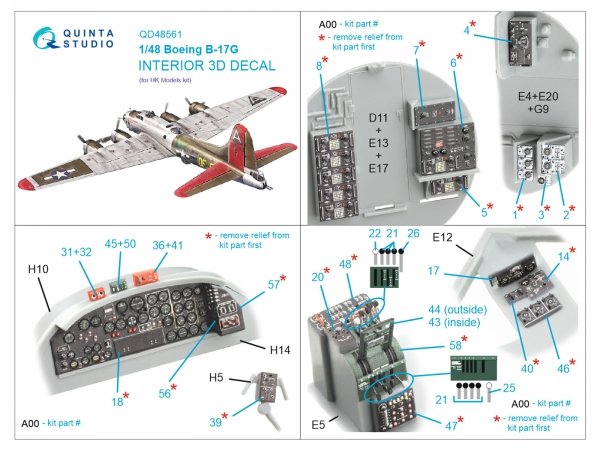 Quinta Studio QD48561 Boeing B-17G 3D-Printed &amp; coloured Interior on decal paper (HK models) 1/48