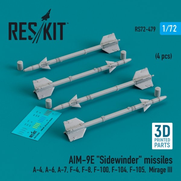 RESKIT RS72-0479 AIM-9E &quot;Sidewinder&quot; missiles (4 pcs) (3D Printed) 1/72