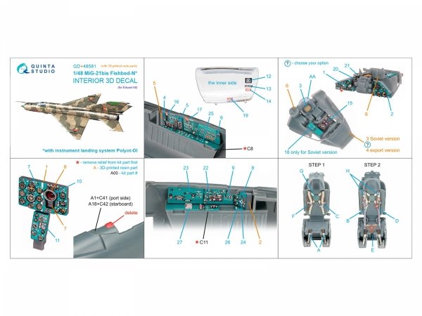 Quinta Studio QD+48581 MiG-21bis late Fishbed-N 3D-Printed &amp; coloured Interior on decal paper (Eduard) (with 3D-printed resin parts) 1/48