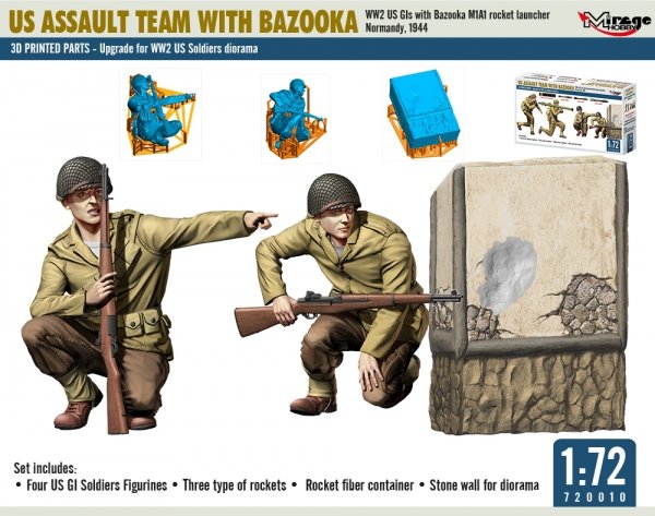 Mirage Hobby 720010 US ASSAULT TEAM WITH BAZOOKA, WW2 US GIs with Bazooka M1A1 Rocket Launcher Normandy, 1944 1/72