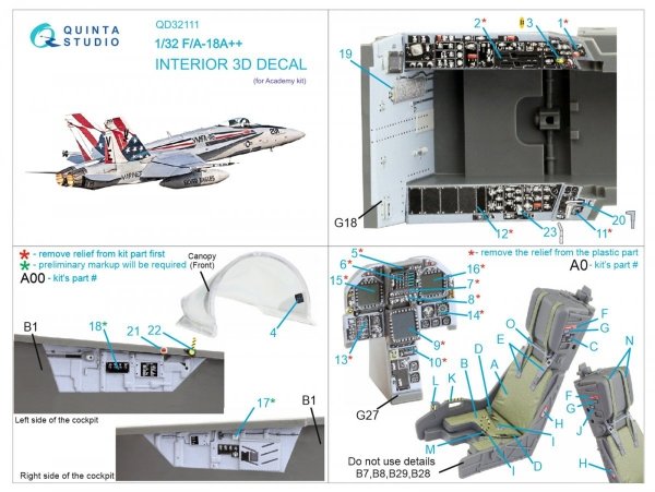 Quinta Studio QD32111 F/A-18A++ 3D-Printed &amp; coloured Interior on decal paper (Academy) 1/32