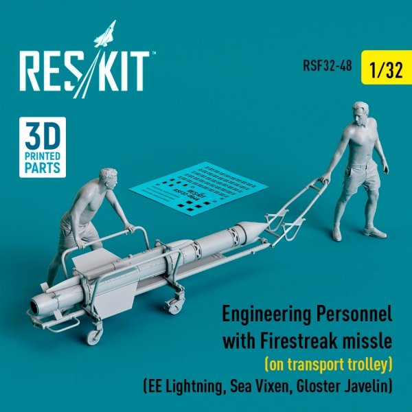 RESKIT RSF32-0048 Engineering Personnel with Firestreak missile (on transport trolley) (EE Lightning, Sea Vixen, Gloster Javelin) (3D Printed) 1/32