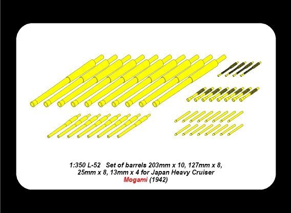 Aber 350L-52 Set of barrels 203mm x 10, 127mm x 8, 25mm x 8, 13mm x 4 for Japan Heavy Cruiser Mogami (1942) (1:350)