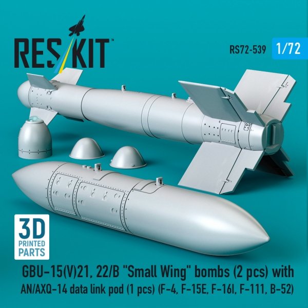 RESKIT RS72-0539 GBU-15(V)21,22/B "Small Wing" bombs (2 pcs) with AN/AXQ-14 data link pod (1 pcs) (3D Printed) 1/72