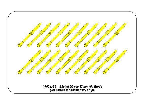 Aber 700 L-36 Set of 20 pcs 37 mm /54 Breda gun barrels for Italian Navy ships (1:700)