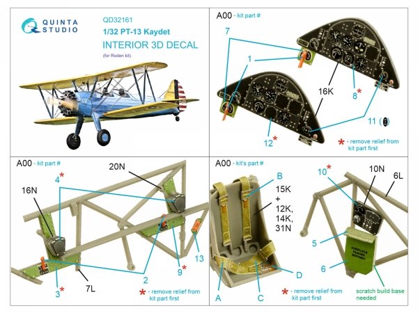 Quinta Studio QD32161 PT-13 Kaydet 3D-Printed &amp; coloured Interior on decal paper (Roden) 1/32