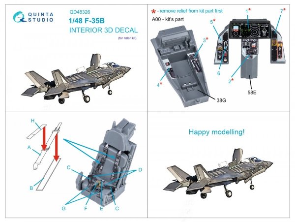 Quinta Studio QD48326 F-35B 3D-Printed &amp; coloured Interior on decal paper (Italeri) 1/48