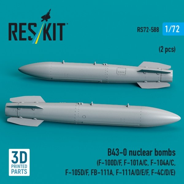 RESKIT RS72-0588 B43-0 nuclear bombs (2 pcs) (F-100D/F, F-101A/C, F-104A/C, F-105D/F, FB-111A, F-111A/E/D/F, F-4C/D/E) (3D Printed) (1/72)