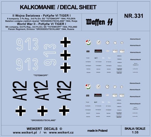 Weikert Decals DEC331 PzKpfw VI TIGER - Dywizja SS Totenkopf i Dywizja Grossdeutschland - 1944 - vol.1 1/35