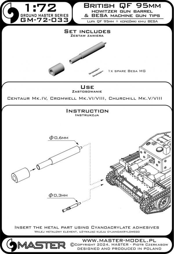 Master GM-72-033 Brytyjska haubica QF 95mm + końcówki km-u Besa - Centaur Mk.IV, Cromwell Mk.VI/VIII, Churchill Mk.V/VIII i inne 1/72